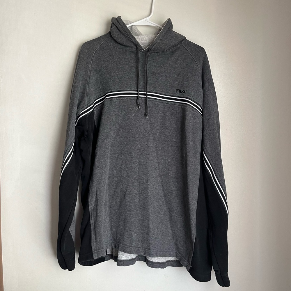 Fila Men's Gray and Black Striped Hoodie